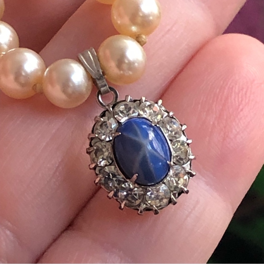 Vintage Germany hand knotted glass Pearl star sapphire pendant necklace - Picture 8 of 14